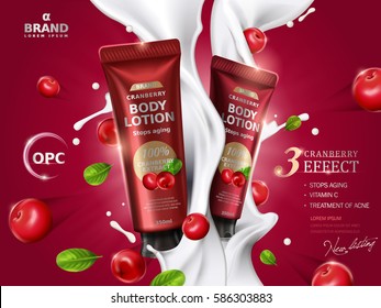 cranberry cream contained in tubes, with cranberry elements and cream flows, 3d illustration