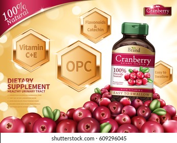 Cranberry Dietary Supplement Contained In Bottle With Fresh Fruits On Golden Bokeh Background In 3d Illustration