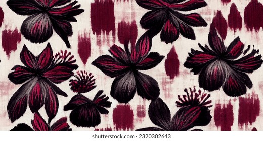 Cranberry flower ikat tribal boho tie die colors flower seamless wallpaper. Motif ethnic handmade beautiful Ikat art. Ethnic abstract floral pink background art. 