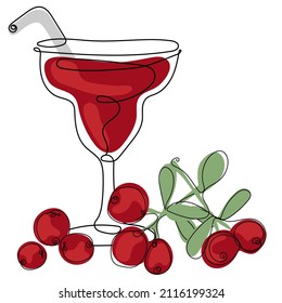 Cranberry Obstgetränk. Trendy Vektorgrafik von Obst und Saft im minimalistischen Stil der Linienkunst.
