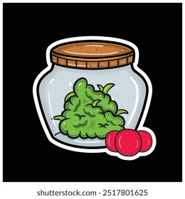 Cranberry Fruit Flavor With Cartoon Mascot of Weed Bud On Jar. For Sticker and label. Vector and Illustration.