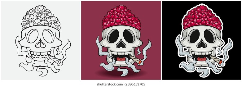 Cranberry Fruit Inside Skull Head With Smoking Character Cartoon. Black White, Colorful and Sticker Style. For T shirt print, Brand Logo, Label and Mascot product. Vectors Illustrations