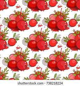 Cranberry hand drawn colored seamless pattern. Colored berries and twigs on light background. 