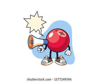 Cranberry hold megaphone with speech bubble cartoon. Mascot Character vector.