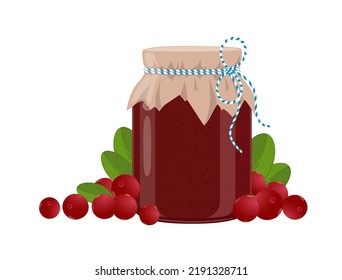 Cranberry jam or confiture jar in rustic style, homemade fruit berry preserve, vector illustration on white background