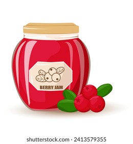 Cranberry jam in glass jar and fresh cranberries.Natural product. Healthy eating and diet. Design of greeting cards, posters, patches, prints on clothes, emblems.Vector cartoon illustration.