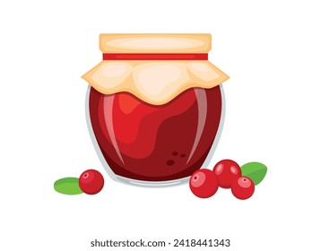 Cranberry jam in glass jar and fresh cranberries berry fruit vector illustration. Glass of cranberry marmalade design element. Cranberry jam jar icon set isolated on a white background