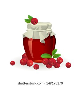 Cranberry jam jar with fresh berry isolated on white background