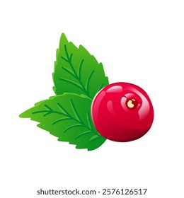 Cranberry with leaf in flat design. Red wild red berry, juicy cowberry. Vector illustration isolated.