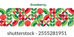 Cranberry, leaves and berries.Abstract geometric banner template.Set of icons in simple flat style.Bauhaus.Elements isolated on a white background.Seamless pattern.Organic food.Vector illustration.