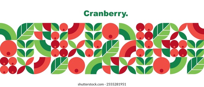 Cranberry, leaves and berries.Abstract geometric banner template.Set of icons in simple flat style.Bauhaus.Elements isolated on a white background.Seamless pattern.Organic food.Vector illustration.