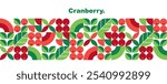 Cranberry. Leaves and berries.Abstract geometric design.Set of icons in simple flat style. Elements isolated on a white background.Seamless pattern and border.Organic food.Vector illustration.