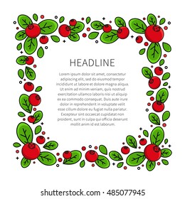 Cranberry line art vector illustration. Cranberry frame with sample text creative concept. Graphic design for poster, banner, placard. Template layout with text and berries.
