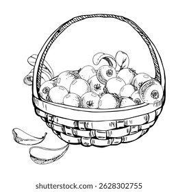 Cranberry lingonberry with leaves in weaved basket, vector hand drawn in ink, heap of ripe picked forest berry harvest. Isolated illustration for restaurant, cafe menu, recipe book, farmers market