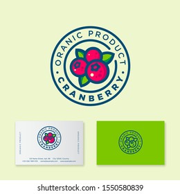 Cranberry logo. Ripe red berries with leaves in a circle with letters. Emblem of health products on a light background. Business card.