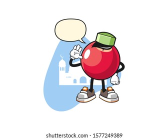 Cranberry muslim with speech bubble cartoon. Mascot Character vector.