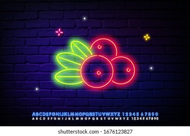 cranberry neon sign. Food, fruit, berry, vitamin design. Night bright neon sign, colorful billboard, light banner. Vector illustration in neon style.