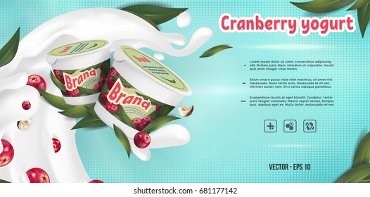 Cranberry with nuts yogurt ads; berry yogurt with cream texture and milk splashing in the air, 3d illustration decorated with leaves elements on soft background.