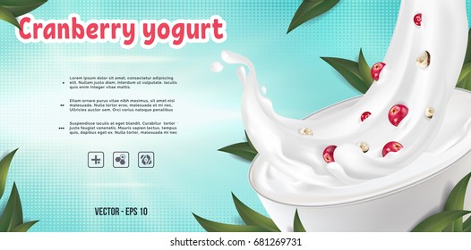 Cranberry with nuts yogurt ads; berry yogurt with cream texture and milk splashing in the air, 3d illustration decorated with leaves elements on soft background.