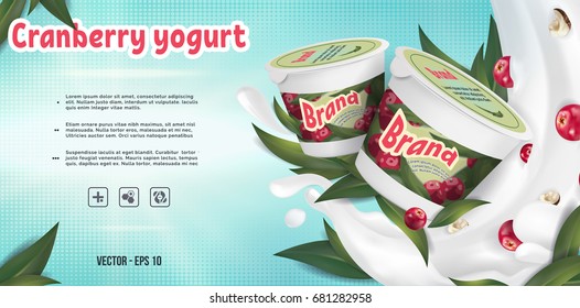 Cranberry with nuts yogurt ads; berry yogurt with cream texture and milk splashing in the air, 3d illustration decorated with leaves elements on soft background.