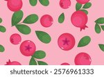 Cranberry on a pink background. Seamless pattern. Cranberry, lingonberry with green leaves in the flat style. Berry background for paper, gift wrap, textile, wallpaper.