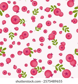 Cranberry on a white-pink background. Seamless pattern. Cranberry, lingonberry and leaves in the flat style. Berry background for paper, gift wrap, textile, wallpaper.