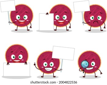 Cranberry pie cartoon character bring information board. Vector illustration