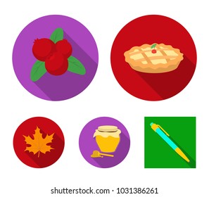 Cranberry, pumpkin pie, honey pot, maple leaf.Canada thanksgiving day set collection icons in flat style vector symbol stock illustration web.