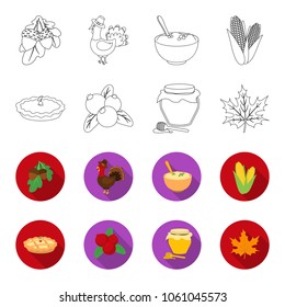 Cranberry, pumpkin pie, honey pot, maple leaf.Canada thanksgiving day set collection icons in outline,flet style vector symbol stock illustration web.