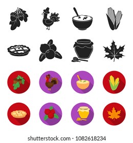 Cranberry, pumpkin pie, honey pot, maple leaf.Canada thanksgiving day set collection icons in black,flet style vector symbol stock illustration web.