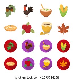 Cranberry, pumpkin pie, honey pot, maple leaf.Canada thanksgiving day set collection icons in cartoon,flat style vector symbol stock illustration web.