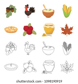 Cranberry, pumpkin pie, honey pot, maple leaf.Canada thanksgiving day set collection icons in cartoon,outline style vector symbol stock illustration web.