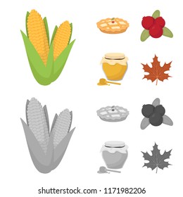 Cranberry, pumpkin pie, honey pot, maple leaf.Canada thanksgiving day set collection icons in cartoon,monochrome style vector symbol stock illustration web.