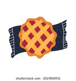 Cranberry pumpkin pie icon. Traditional dish for Thanksgiving dinner. Beautiful cartoon illustration of homemade pie on a kitchen towel. Element, clipart, item for the design of stickers, labels.