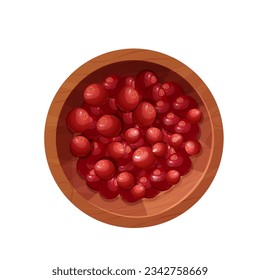 Cranberry red berries in wooden bowl top view cartoon style isolated on white background