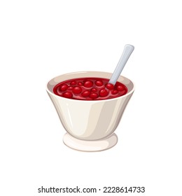 Cranberry sauce for Christmas food vector illustration. Cartoon isolated glass cup with red berry dip, sweet and sour condiment for roast meats, fruit jam in gravy boat for serving Christmas dinner