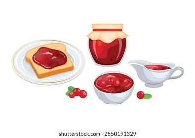 Cranberry sauce food icon set vector isolated on a white background. Toasted bread with cranberry jam, gravy boat with cranberry sauce and cranberry relish vector illustration