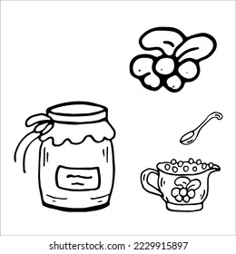 Cranberry sauce, jam, berries doodle. Coloring Page Thanksgiving day. Isolated Vector Illustration. Elements for coloring, printing, design illustrations in the style of outline