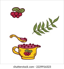 Salsa de arándano, mermelada, garbanzos. Elemento para el día de Acción de Gracias. Ilustración de vectores aislados. Elementos para colorear, imprimir, ilustraciones de diseño con el estilo de contorno