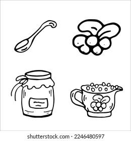 Cranberry sauce, jam, berries doodle. Coloring Page Thanksgiving day. Isolated Vector Illustration