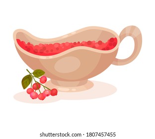 Cranberry Sauce Served in Ceramic Bowl and Berry Twig as Thanksgiving Day Attribute Vector Illustration