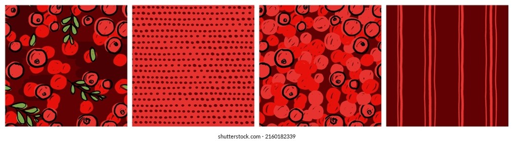 Cranberry seamless pattern set. Colorful red abstract berry vector textile print. Trendy hand drawn design for jam or nectar product packaging background or summer fashion fabric.