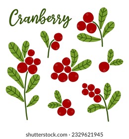 Cranberry set. Bayas silvestres rojas de otoño con hojas verdes. Ilustración vectorial de dibujos animados sobre fondo blanco.