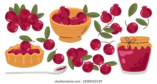 Cranberry set with berries branch and leaves, jam in glass jar, cupcake tasty snack dessert. Vitamin summer food fresh natural organic harvest and healthy sweets composition vector illustration