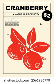 Cranberry. Set of posters of fruits and citrus in a abstract draw design. Label or poster, price tag. Simple, flat design. Patterns and backgrounds. Perfect for poster, cover, banner.	