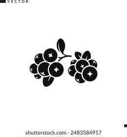 Cranberry silhouette. Fresh berries vector. Natural food sign. Isolated cranberry with leaves on white background