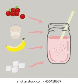 Cranberry Smoothie Recipe. Doodle Style. Cartoon To Go Cup With Different Fruits Smoothies Cocktail. Natural Bio Drink, Healthy Organic Food. Vector Illustration In Flat Style. Autumn Drink.Milk Shake