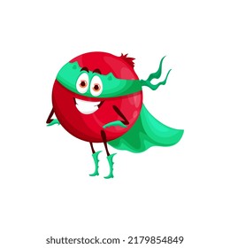 Cranberry Superhero In Cape, Cartoon Vector Funny Berry In Cloak And Mask Stand With Arms Akimbo. Powerful Super Hero Vitamin Fruit, Brave Plant Character, Cheerful Fairytale Healthy Food Personage