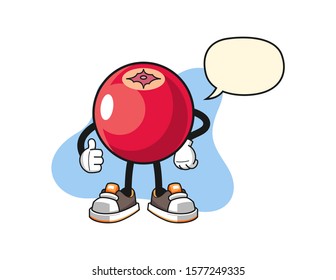 Cranberry thumbs up with speech bubble cartoon. Mascot Character vector.