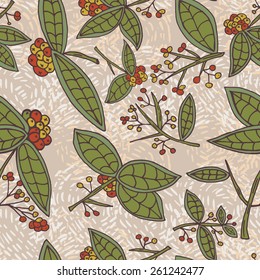 Cranberry vector pattern with leaves and berries. Seamless berries texture for the fill pattern